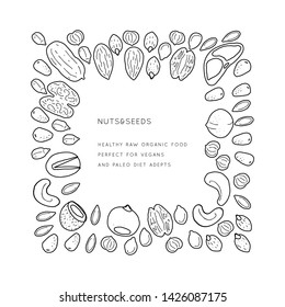 Nuts and seeds  line silhouettes. Vector background pattern with place for text. Flyer, booklet advertising and design.