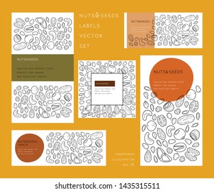 Nuts and seeds  line silhouettes. Vector label designs set with place for text. Flyer, booklet advertising and design.