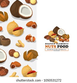 Nuts and seeds pattern. Flat style. Nuts label, banner, product card cover. Nut food of cashew and brazil, hazelnut and almonds, walnut, nutmeg and other. Coconut.