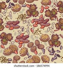 Nuts and seeds seamless cartoon vector pattern.