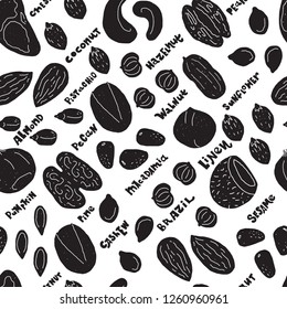 Nuts and seeds seamless monochrome pattern.Background made from hand drawn vector elements. Set of food objects and hand lettering.