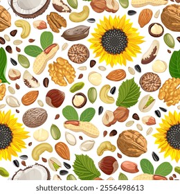 Nuts and seeds seamless pattern. Food background. Vector cartoon flat illustration.