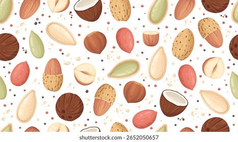 Frutos de casca rija e sementes padrão sem costura. Ingredientes alimentares para cozinhar ilustração. Ingredientes coloridos isolados desenhados à mão sobre fundo branco. Ilustração vetorial