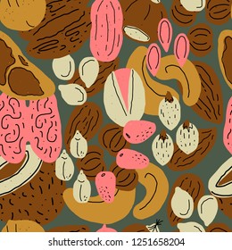 Nuts and seeds seamless pattern.Background made from hand drawn vector elements. Set of food objects for package, merch and other design.