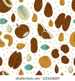 Nuts and seeds seamless pattern.Background made from hand drawn vector elements. Set of food objects for package, merch and other design.