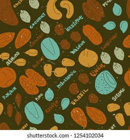 Nuts and seeds seamless pattern.Background made from hand drawn vector elements. Set of food objects for package, merch and other design. Food lettering.