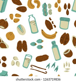 Nuts and seeds seamless pattern.Background made from hand drawn vector elements. Set of food objects for package, merch and other design.