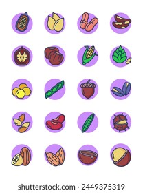 Nuts and seeds thin line icons set. Outline acorn, almond, macadamia, chickpea and nutmeg vector illustration collection. Nature and healthy food concept