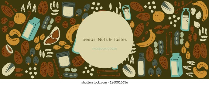 Nuts and seeds  vector  Facebook header web template. Illustration made in doodle style. Set of food objects for package, merch and other design.