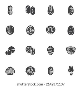 Nuts, seeds vector icons set, modern solid symbol collection, filled style pictogram pack. Signs, logo illustration. Set includes icons as beans, peanut, almond, walnut, nutmeg, pistachio, hazelnut