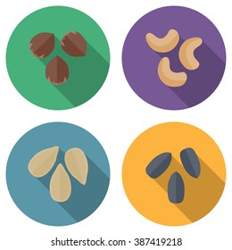 Nuts and seeds vector icons set. Modern flat design.