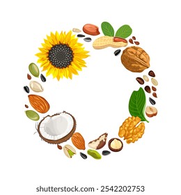 Nuts and seeds wreath. Round frame with empty space for text. Vector cartoon illustration. 