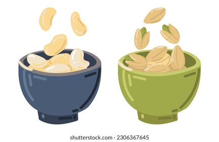 Nuts separately in bowls of pistachios and cashews. Different nuts, a single icon in cartoon style, vector symbol, stock illustration. Vegetarian snack. Menu of restaurants, cafes