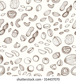 Nuts set seamless pattern. Useful for restaurant identity, packaging, menu design and interior decorating.