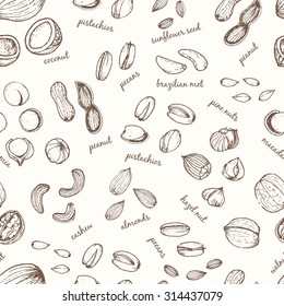 Nuts set seamless pattern. Useful for restaurant identity, packaging, menu design and interior decorating.