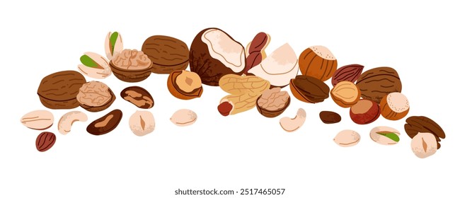 Nueces puestas. Nueces, avellanas y coco. Saludable snack vegano de pistachos, castañas y almendras, anacardos y cacahuetes. Diferentes superalimentos. Comida natural, ilustración aislada plana de dibujos animados de Vector