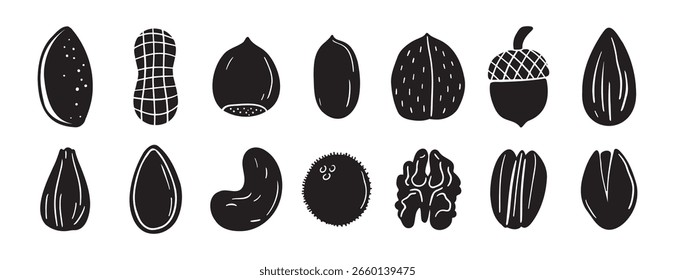 Conjunto de siluetas de nueces. Diseño de nueces dibujadas a mano de doodle. Color negro. Ilustración vectorial
