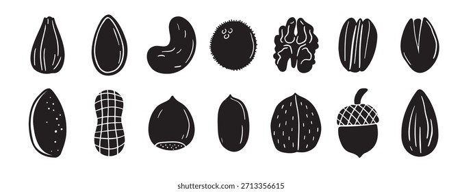 Conjunto de siluetas de nueces. Diseño de nueces dibujadas a mano de doodle. Color negro. Ilustración vectorial