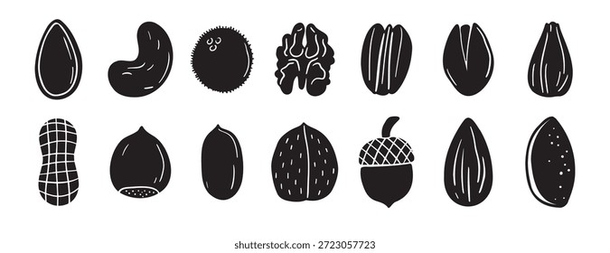 conjunto de silhuetas de nozes. doodle mão desenhado nozes design. cor preta. Ilustração vetorial