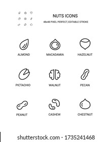 Nuts simple line icon set vector illustration. Contains icons: almond, macadamia, hazelnut, pectachio, walnut, pecan, peanut, cashew, chestnut.