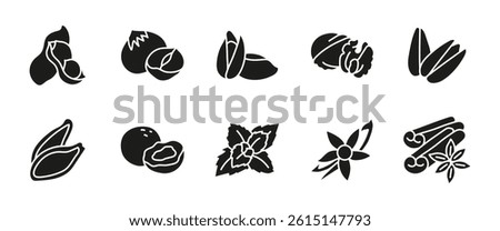 Nuts and spices black icon set. Glyph nut varieties including peanuts, pistachios and walnuts, alongside aromatic spices like cinnamon and vanilla. Healthy snack and flavor enhancer symbol.