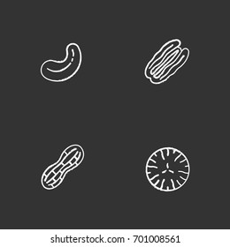 Nuts types chalk icons set. Cashew and pecan nuts, peanut, nutmeg. Isolated vector chalkboard illustrations