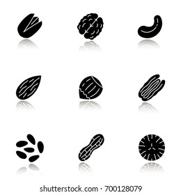 Nuts types drop shadow black glyph icons set. Pistachio, walnut, cashew and pecan nuts, almond, hazelnut, pinenuts, peanut, nutmeg. Isolated vector illustrations