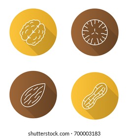 Nuts types flat linear long shadow icons set. Walnut, nutmeg, almond, peanut. Vector outline illustration