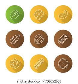 Nuts types flat linear long shadow icons set. Pistachio, walnut, cashew and pecan nuts, almond, hazelnut, pinenuts, peanut, nutmeg. Vector outline illustration