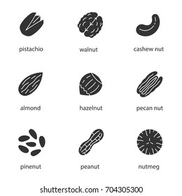 Nuts types glyph icons set. Silhouette symbols. Pistachio, walnut, cashew and pecan nuts, almond, hazelnut, pinenuts, peanut, nutmeg. Vector isolated illustration