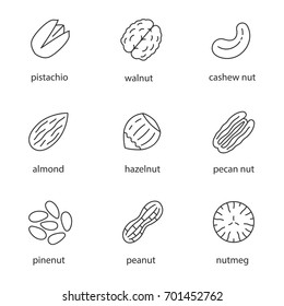 Nuts types linear icons set. Thin line contour symbols. Isolated vector outline illustrations