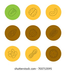 Nuts types linear icons set. Pistachio, walnut, cashew and pecan nuts, almond, hazelnut, pinenuts, peanut, nutmeg. Thin line outline symbols on color circles. Vector illustrations
