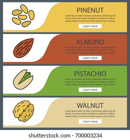 Nuts types web banner templates set. Pinenut, almond, pistachio, walnut. Website color menu items. Vector headers design concepts