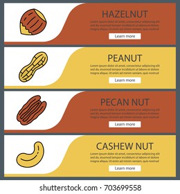 Nuts types web banner templates set. Hazelnut, peanut, pecan and cashew nuts. Website color menu items. Vector headers design concepts
