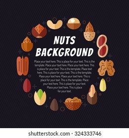Nuts vector background. Modern flat design. Circle frame with place for your text.