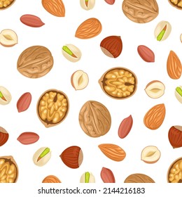 Nuts vector background. Seamless pattern with walnut, peanut, pistachio, almond and hazelnut on white. Cartoon flat illustration.
