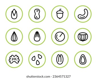 Nuts Vector Line Icons. Peanuts, almonds, chestnuts, cashews, pistachios, hazelnuts, walnuts. Healthy Food. Black and white nuts on craft round labels for printing on snacks, organic products