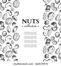 Nuts vector vintage frame illustration. Hand drawn engraved food objects. Great for label, banner, flyer, card, business promote.