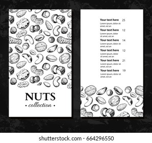Nuts vector vintage template. Hand drawn engraved food objects. Great for label, banner, brochure, menu, flyer, card, business promote.