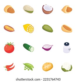 Nueces y vegetales Isometric Iconos 

