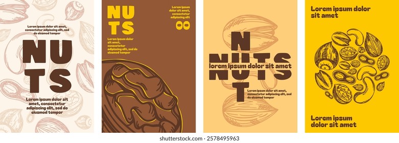 Nuts vintage poster collection with hand-drawn illustrations, bold typography, textured organic design, and warm earthy color palette, featuring artistic sketches of various nuts.