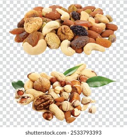 Nuts,walnut, peanuts and almond seeds transparent background