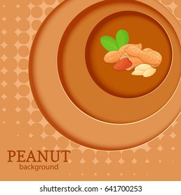 Nutty background with circles on top of each other and peanut nut composition. Vector illustration. Brown fresh ground nut round volume background with shadow, for the design of health food detox diet