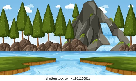 Nuture scene with waterfall in the forest and river illustration