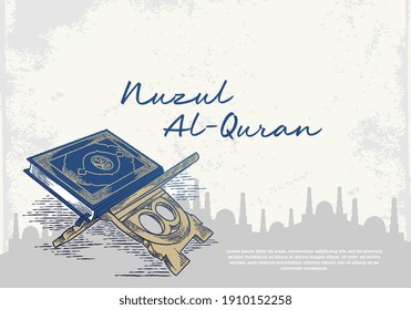 Nuzul al-Quran greeting card with blue quran. Islamic holly day for muslim community celebration with ahnd drawn vintage design.