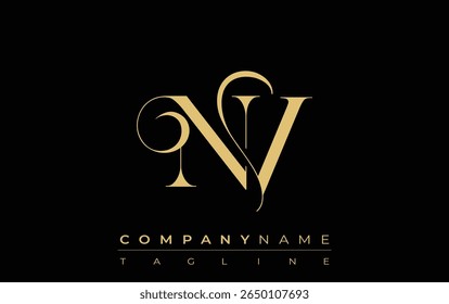 NV Abstract Creative Jewelry Logo. A stylish logo featuring golden monogram initials in an elegant and modern typography, perfect for branding