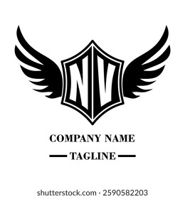 NV bold shield logo with wings, customizable with letters A to Z. Perfect for brands seeking a powerful symbol of strength, freedom, and ambition