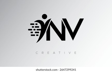 Logotipo de monograma digital creativo de NV: diseño futurista de marca de letras con forma humana, movimiento de píxeles y estilo tecnológico mínimo para una identidad de marca innovadora