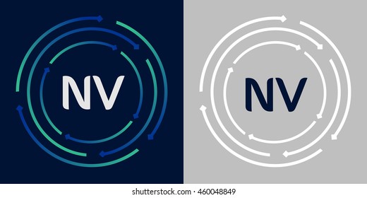 NV design template elements in abstract background logo, design identity in circle, letters business logo icon, blue/green alphabet letters, simplicity graphics