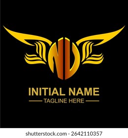 NV Golden Wing Emblem Logo with elegant gold wings, sleek and modern design. Ideal for branding, creative projects, luxury businesses, or artistic ventures.